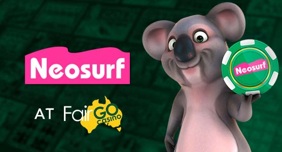 Neosurf at Fairgo, Kevin Koala holding a Casino Chip with Neosurf on it