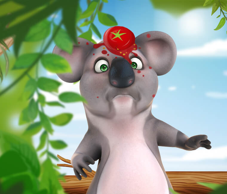 Kev the Koala hit in the head with a tomato