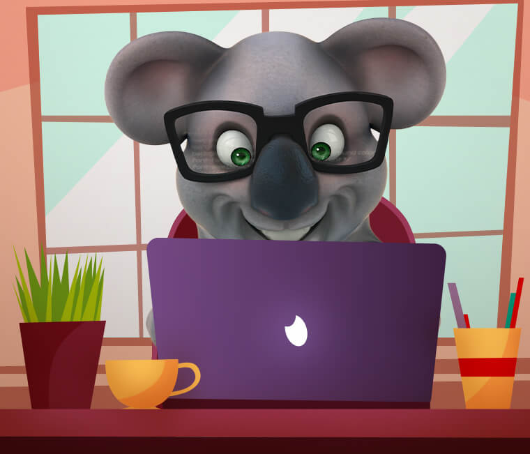 Kev the Koala sitting behind a computer